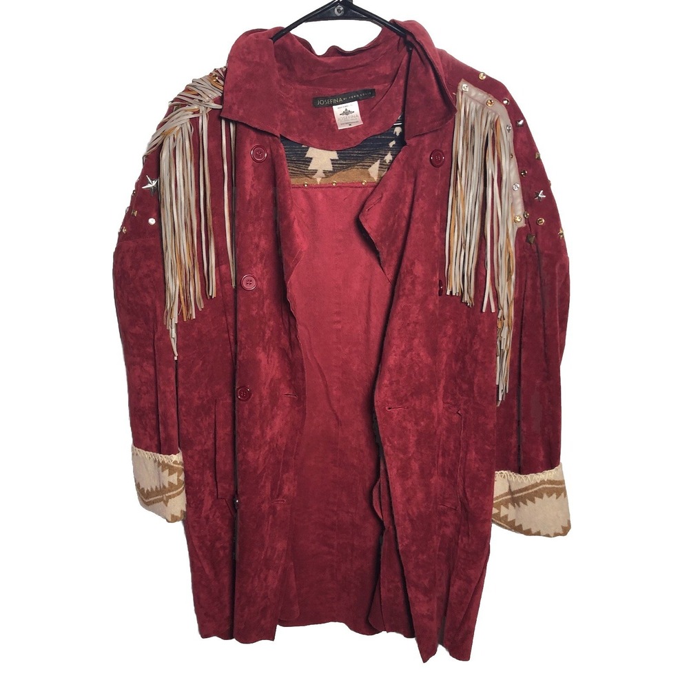 Josefina by Vero Solis Burgundy Fringe Stud Jacket Western Boho M B-58″ DAMAGED - Picture 14 of 16